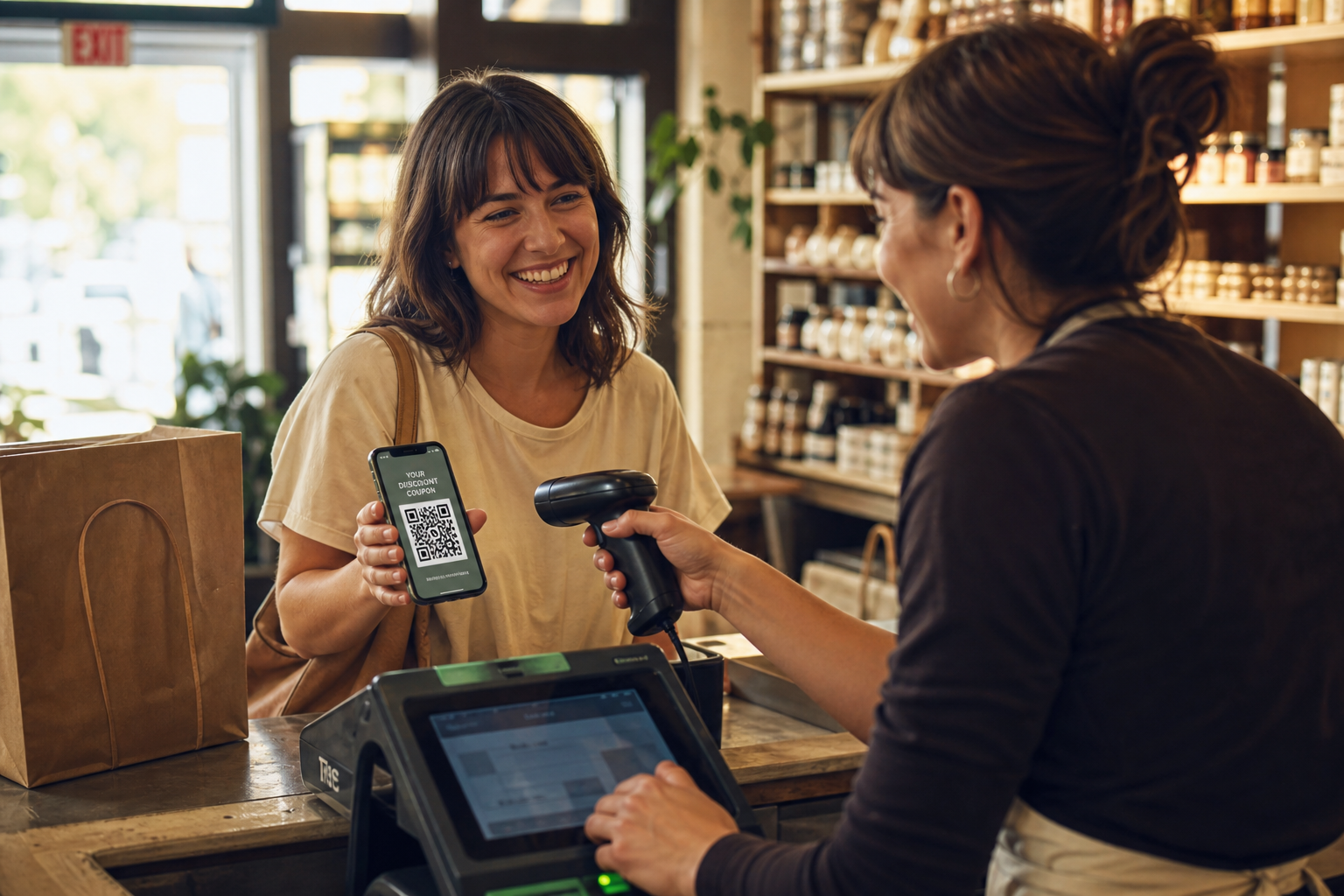 A customer showing a QR coupon on their phone to a shop employee who scans it at the counter.