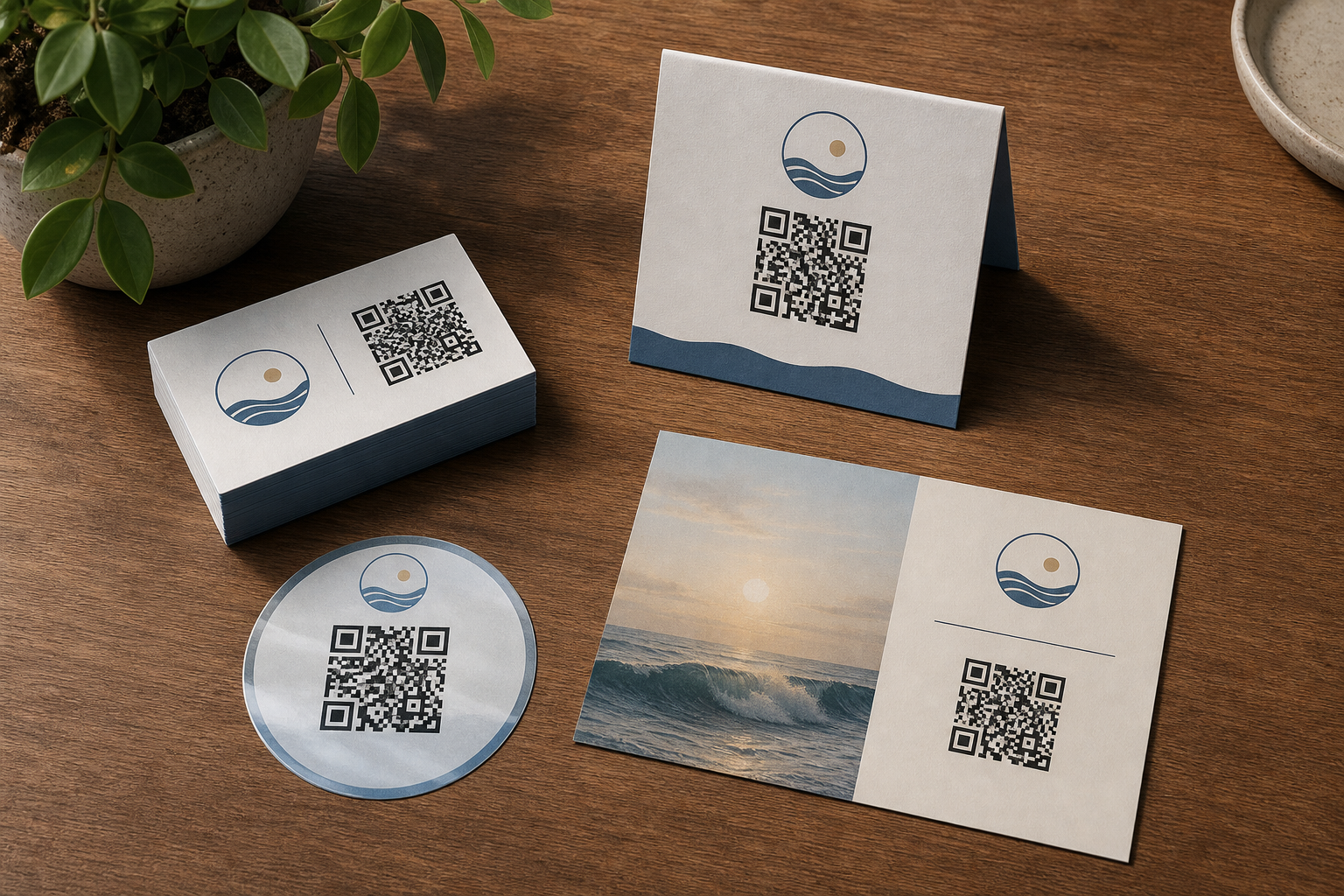 Business cards, a tabletop tent card, a window decal, and a postcard — each with a QR sign-up code.