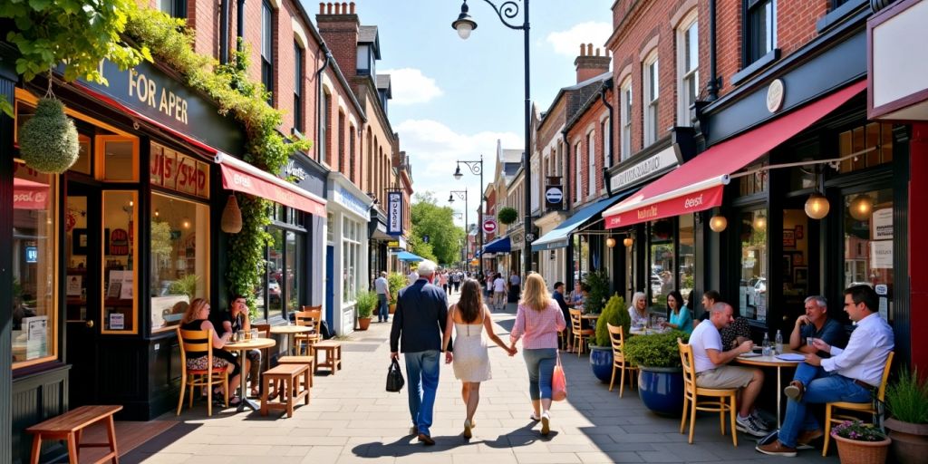 Vibrant local business street with shops and people