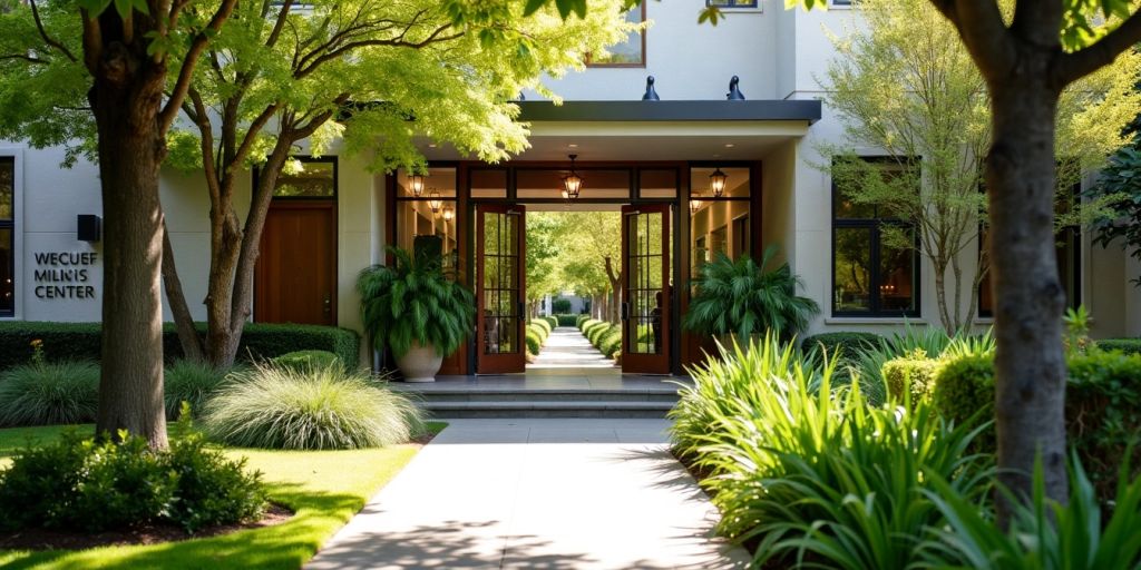 Wellness center entrance with greenery and modern facade