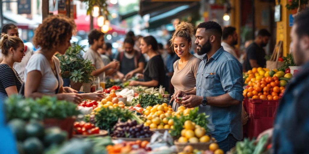 Local market with diverse customers and colorful displays.