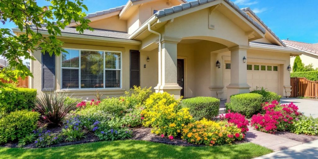 Beautiful property exterior with lush landscaping and blue sky.