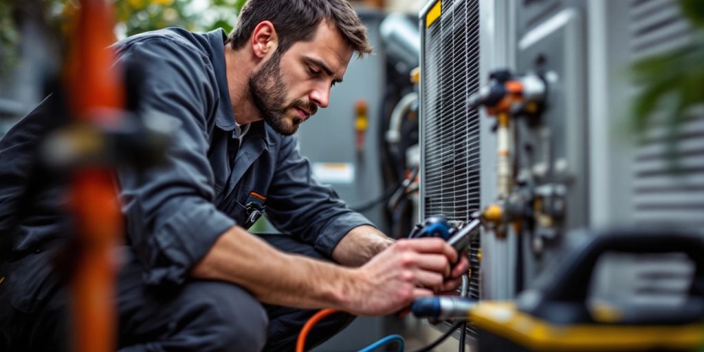 HVAC technician repairing a heating unit in a home.