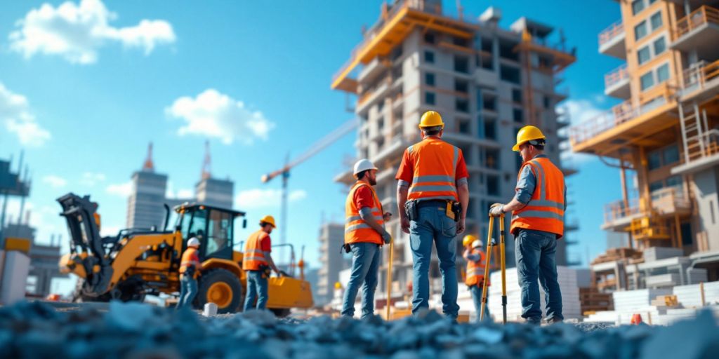 Busy construction site with workers and machinery at work.