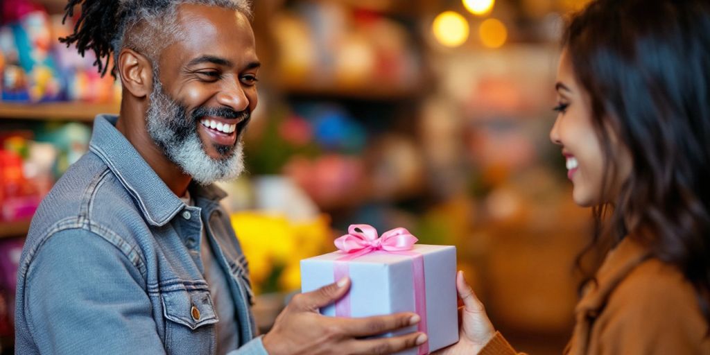 Happy customer receiving a gift from a store employee.