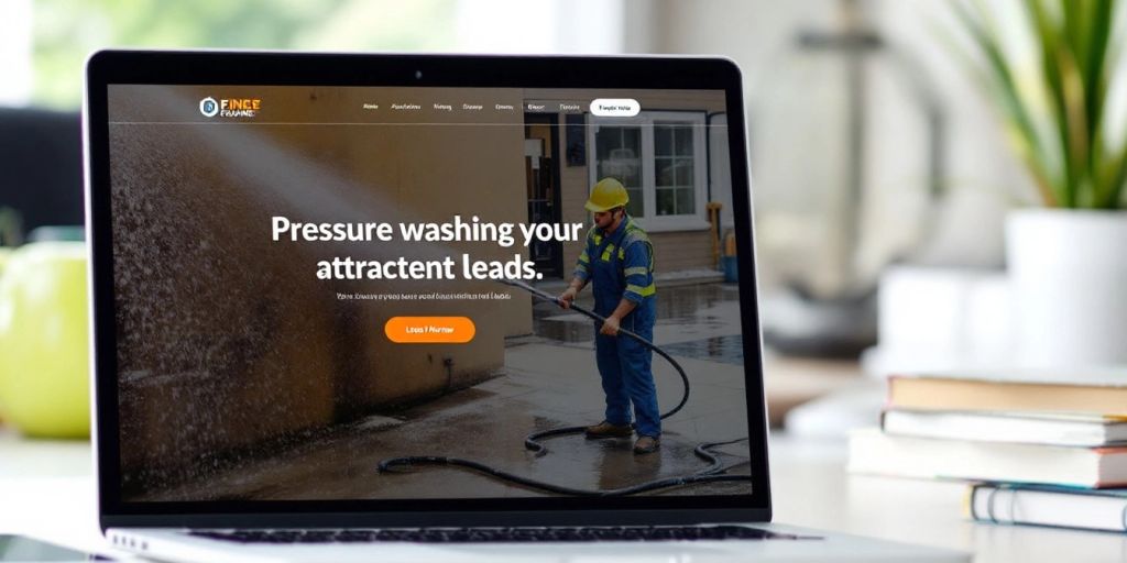 Laptop displaying a modern website with pressure washing imagery.