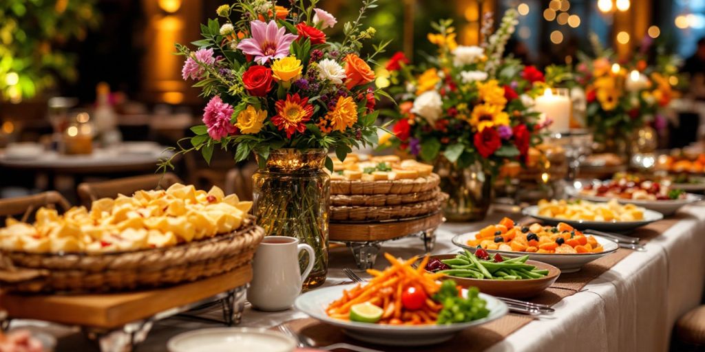 Catering table with gourmet food and elegant decor.