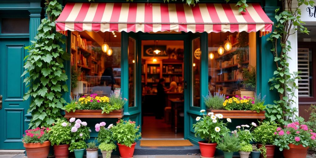 Welcoming local business storefront with greenery and flowers.