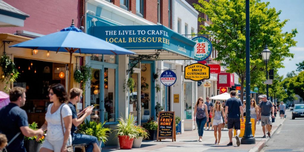 Colorful local storefronts with pedestrians on a sunny day.