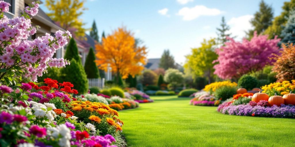 Colorful garden with seasonal decorations and lush greenery.