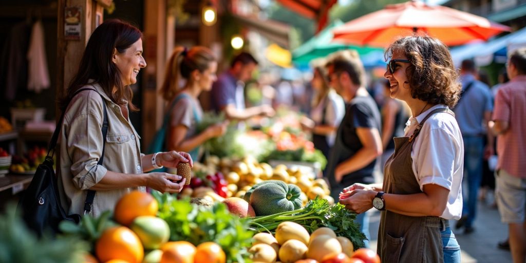 People interacting in a lively local market setting.