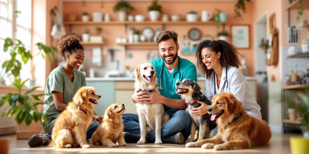 Veterinary clinic with happy pets and owners interacting.