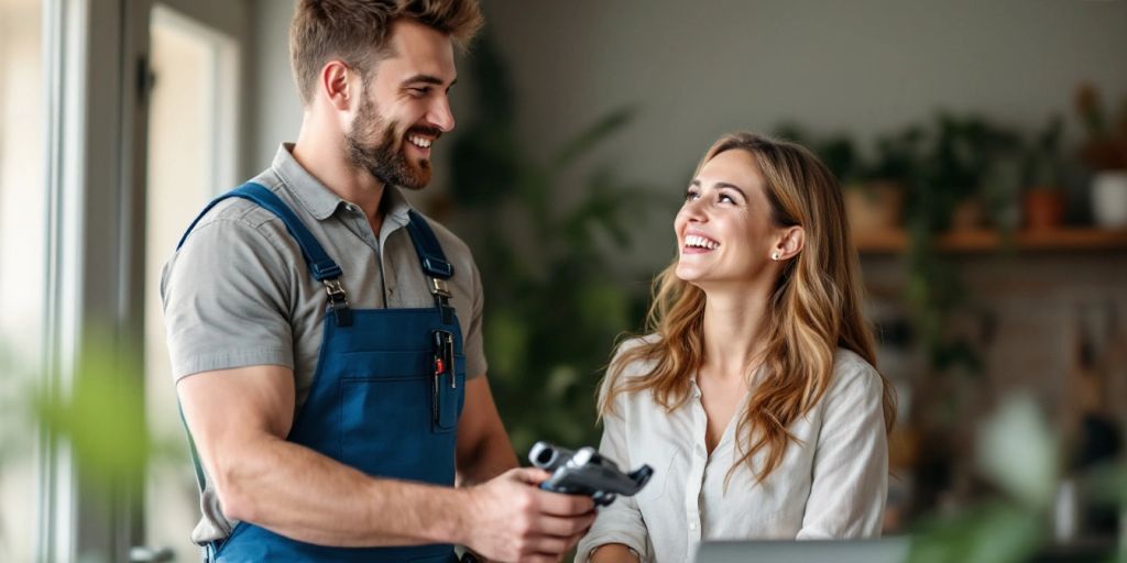 Plumber and customer smiling in a home setting.