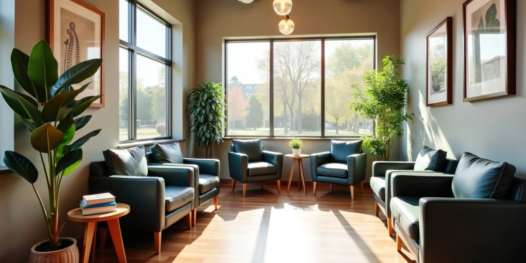 Chiropractic clinic reception area with seating and plants.