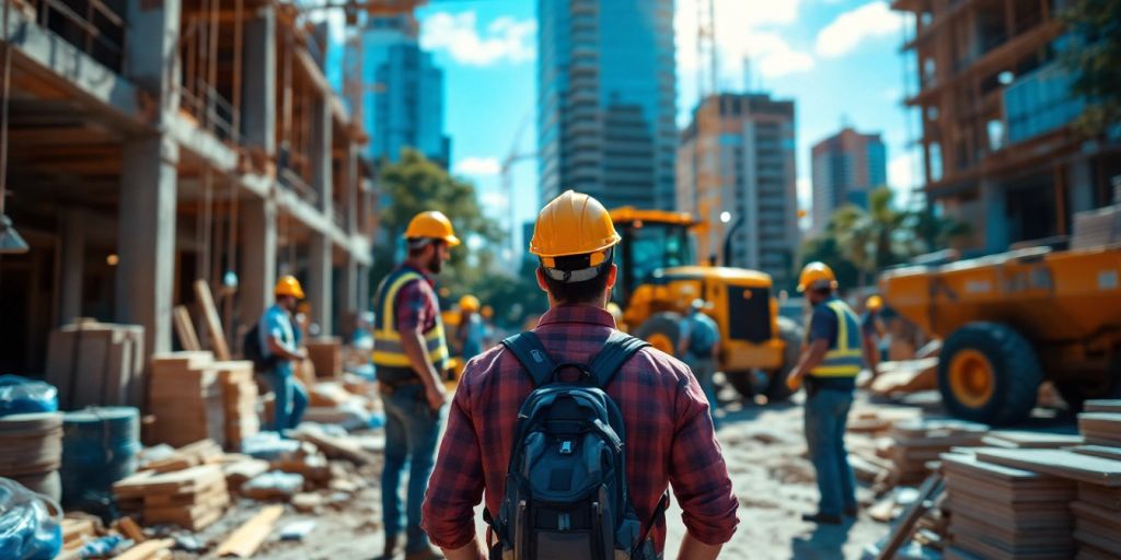 Construction workers at a busy site with machinery.