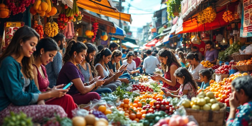 People using smartphones in a lively local market.