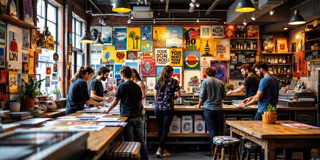 Colorful printing shop with customers and vibrant prints.