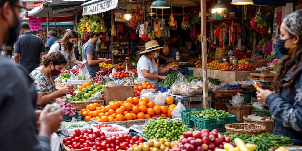 Local market with vendors and customers interacting.