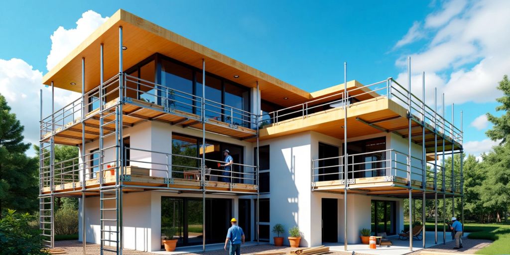 Construction site of a modern home with workers.