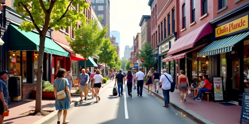 City street with local businesses and pedestrians.