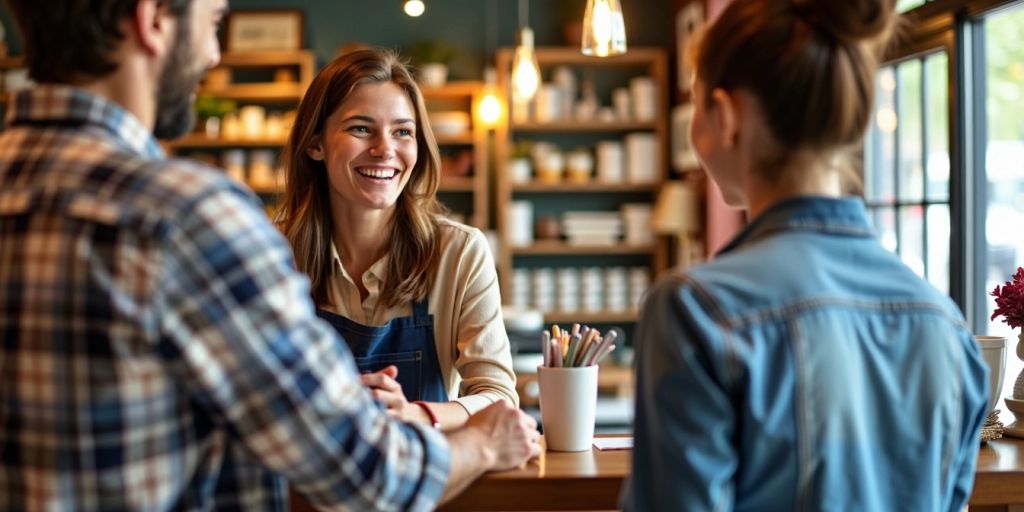 Smiling business owner with happy customers in a store.