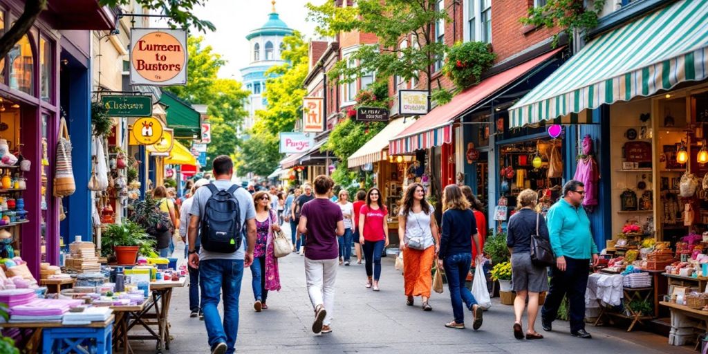 Colorful local shops with customers in a bustling street.