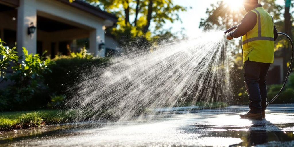 Pressure washer cleaning a driveway under bright sunlight.