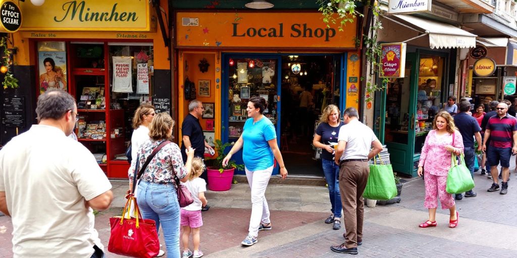 Colorful local shop with people engaging in the community.