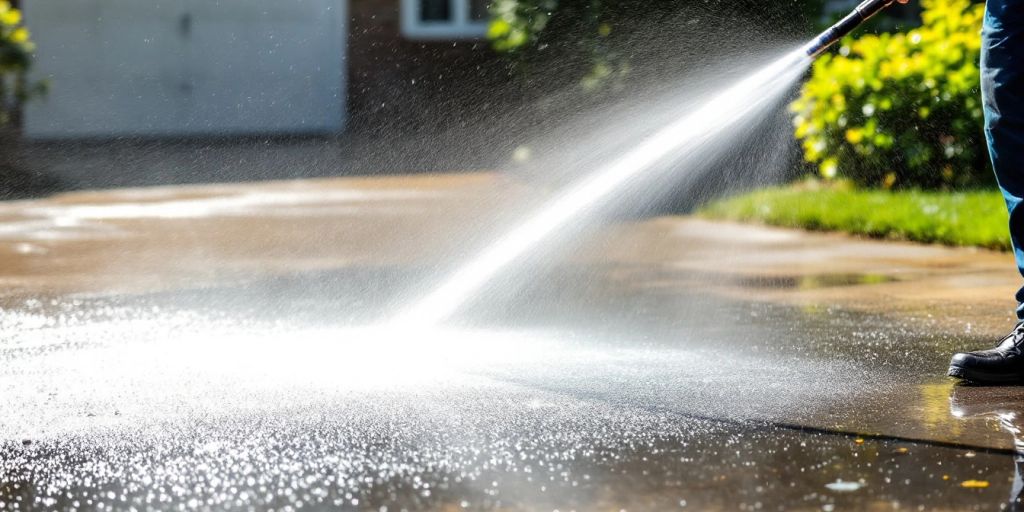 Pressure washing a driveway with powerful water spray.