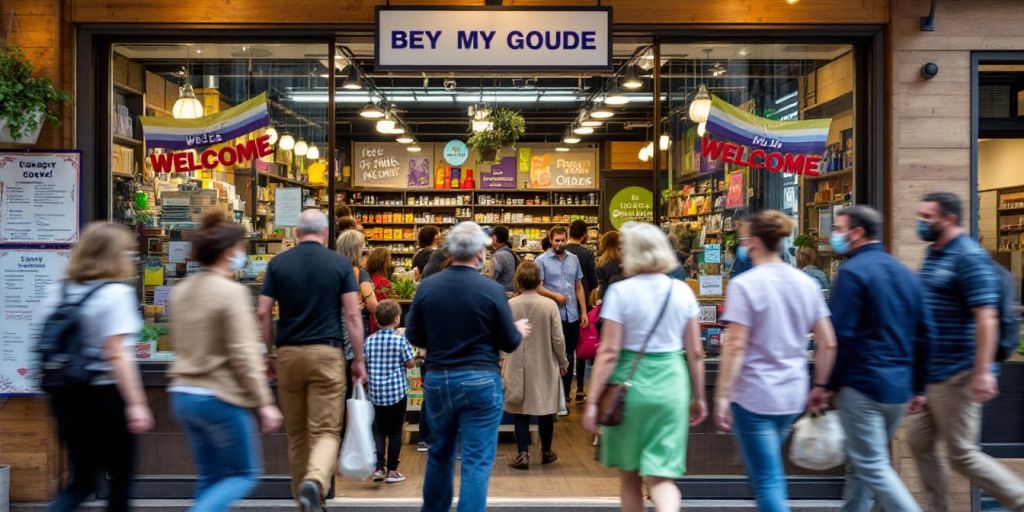 Busy local store with customers entering and exiting.