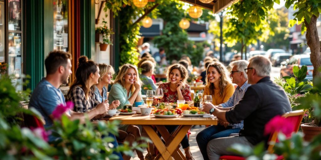 Outdoor dining at a locally owned restaurant with happy customers.