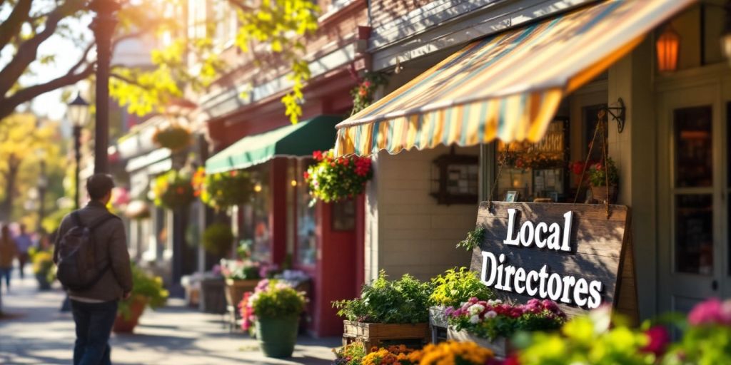 Colorful storefronts in a lively local business district.