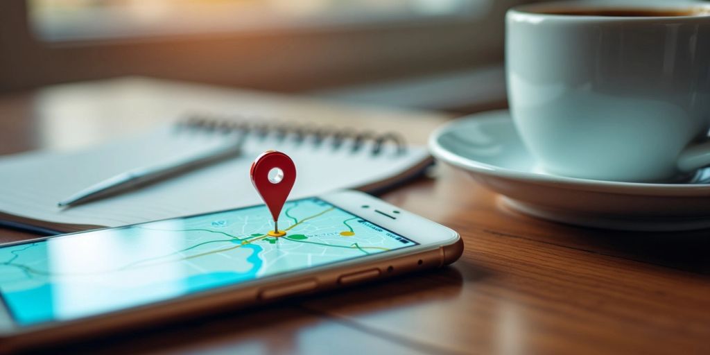 Smartphone with map and location pin on table.