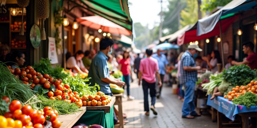 Colorful local market with fresh produce and engaged customers.