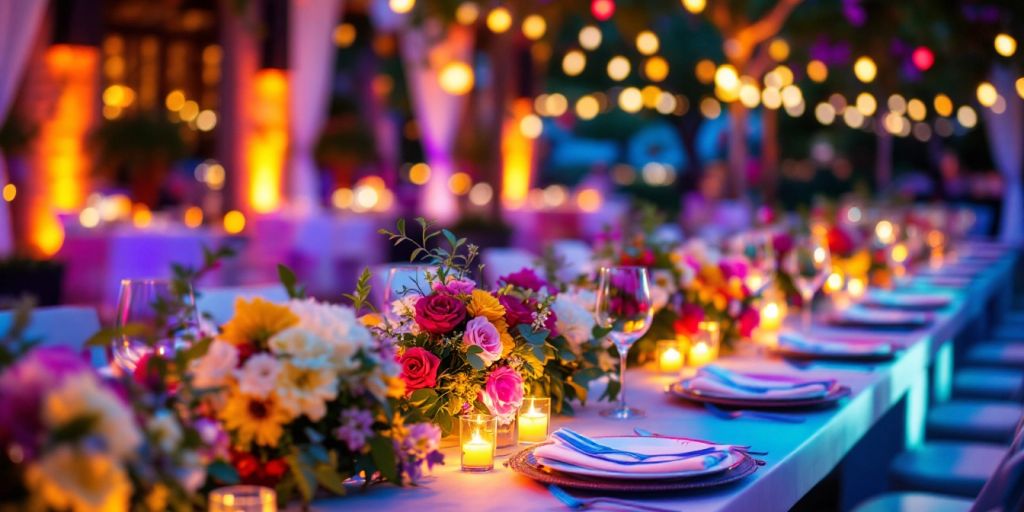 Elegant outdoor event setup with floral decorations and tableware.