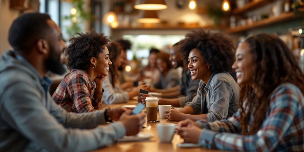 Happy customers enjoying rewards at a cafe.