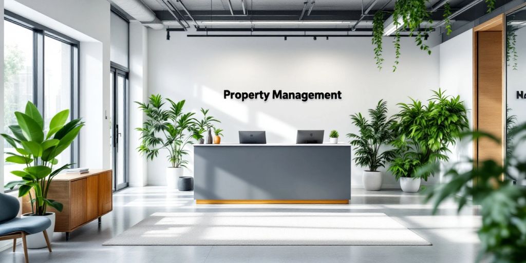 Modern property management office with stylish furniture and plants.