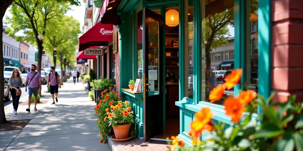 A colorful storefront with greenery and flowers.