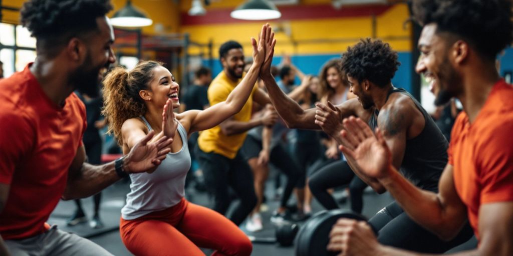 Diverse gym members working out together in a lively setting.