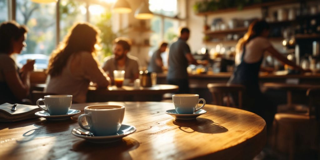 Cozy coffee shop with patrons enjoying their drinks.