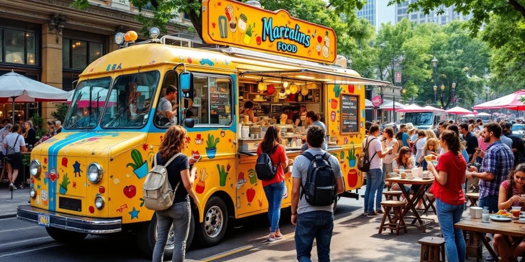 Food truck with customers enjoying meals on a busy street.