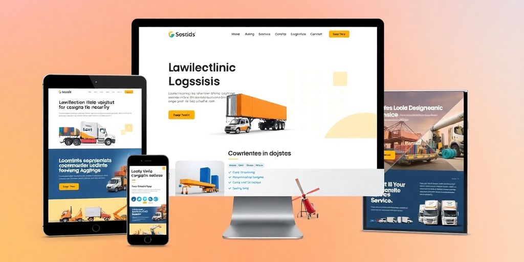 Modern logistics website interface on various devices.