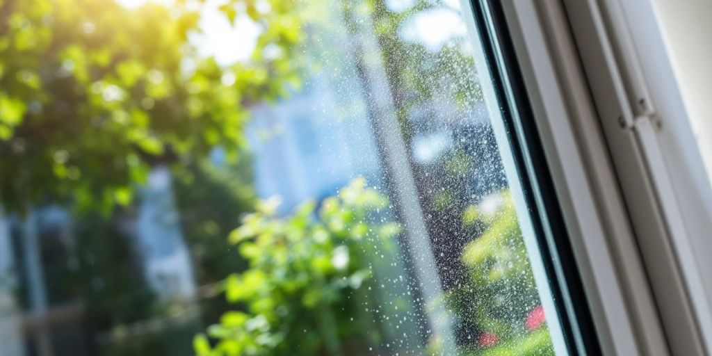 Clean window reflecting greenery and sunlight.