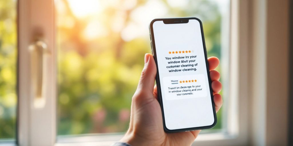 Clean window with smartphone showing customer reviews.