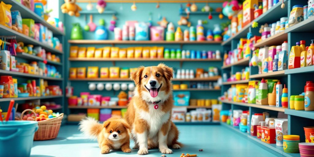 Pet supply store with colorful products and happy dog.