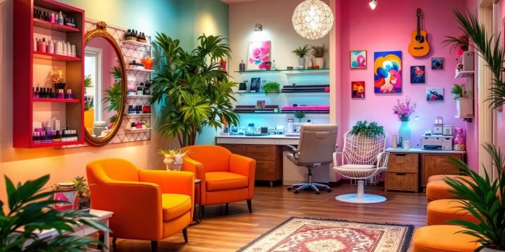 Colorful nail salon interior with displays and cozy seating.