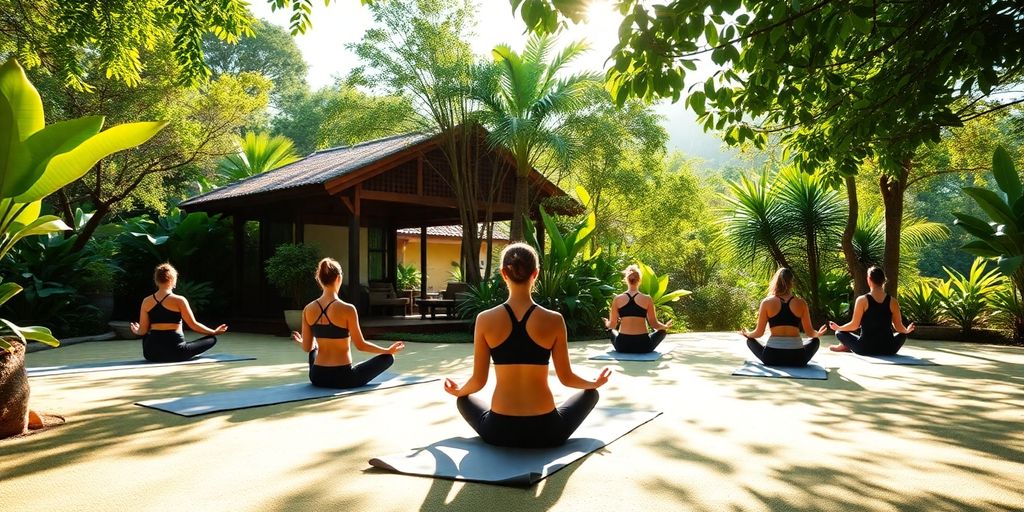 Yoga practitioners in a tranquil outdoor setting.