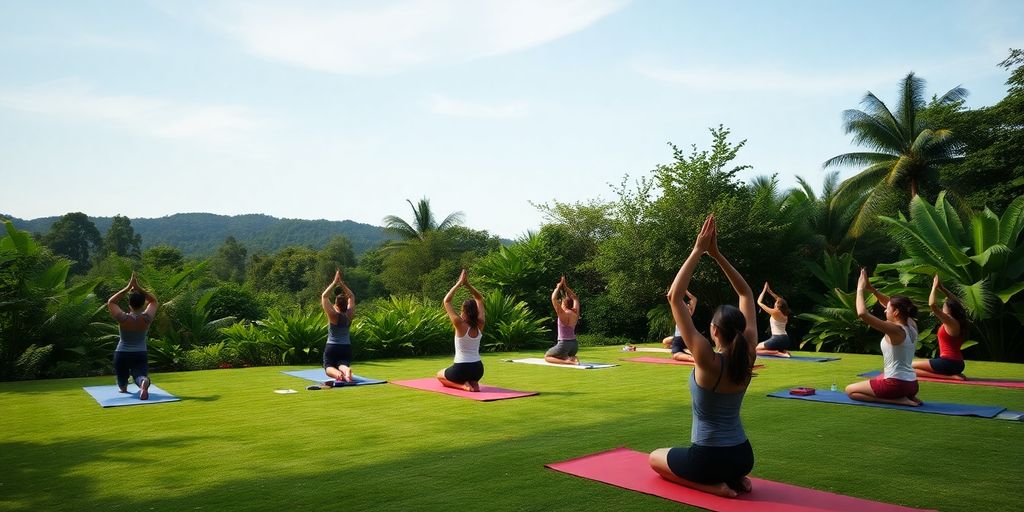 Yoga mats in a tranquil outdoor retreat setting.