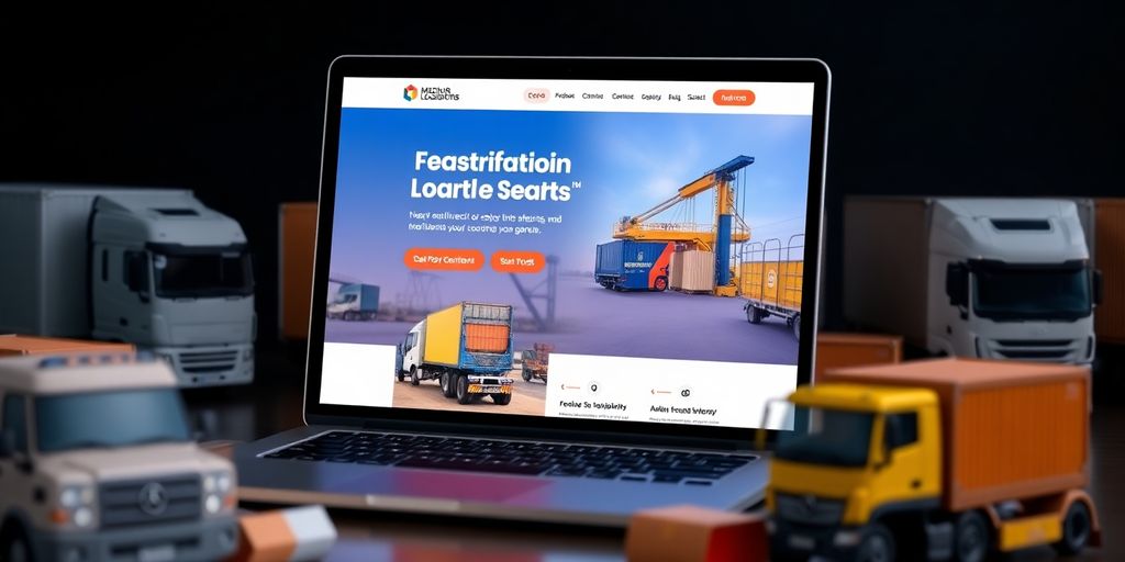 Web design focused on logistics with trucks and warehouses.