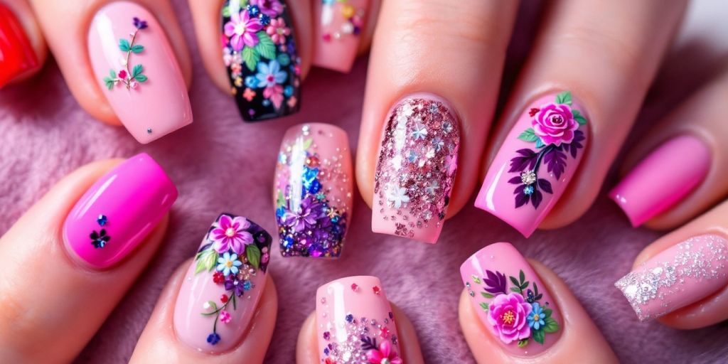 Colorful nail designs with intricate patterns and embellishments.